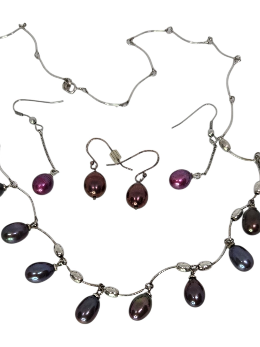 925 Silver Necklace and Earrings Matching Set with Dark Iridescent Pearl Drops
